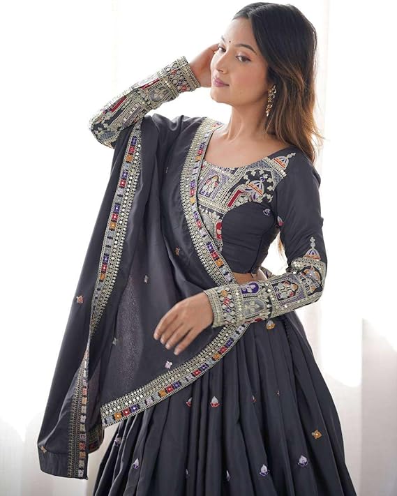 Teal Mirror Work Embroidered Lehenga Choli with Dupatta for Women | Festive & Wedding Wear