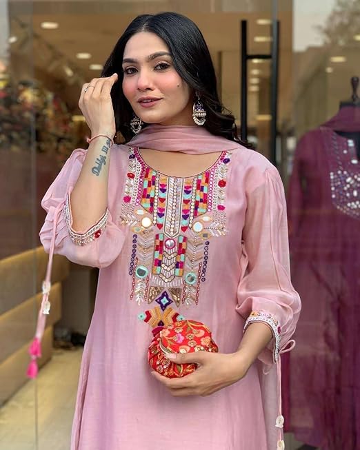 Women's Cotton Mirror Work Embroidered Straight Kurti with Pant and Dupatta Set