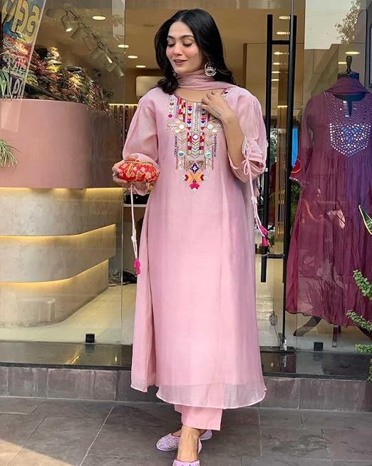 Women's Cotton Mirror Work Embroidered Straight Kurti with Pant and Dupatta Set