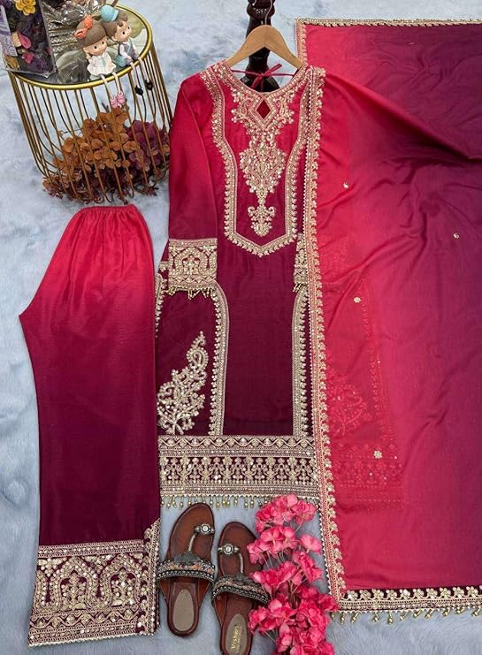 Women's Chinon Silk Embroidery Straight Kashmiri Salwar Suit with Dupatta | Elegant Ethnic Wear