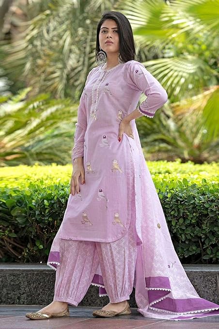 Women's Cotton Embroidered Straight Kurti with Pant and Dupatta Set