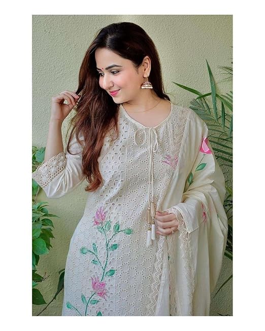 Women's Cotton Hand-Painted Chicken Shifli Straight Kurti with Pant and Mulmul Dupatta Set