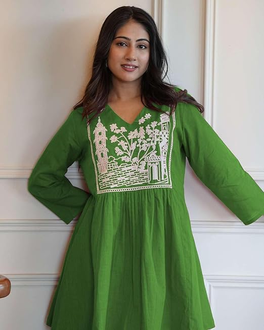 Women's Cotton Embroidered Short Anarkali Kurti with Pant