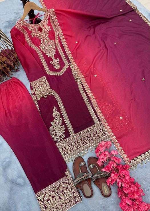 Women's Chinon Silk Embroidery Straight Kashmiri Salwar Suit with Dupatta | Elegant Ethnic Wear