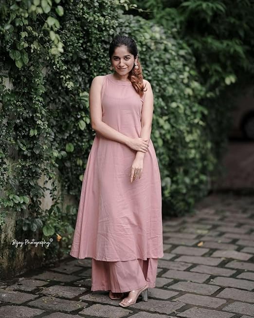 Women's Cotton Plain Flared Sleeveless Kurta with Palazzo