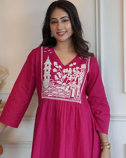 Women's Cotton Embroidered Short Anarkali Kurti with Pant