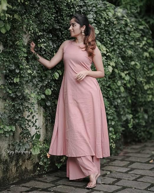 Women's Cotton Plain Flared Sleeveless Kurta with Palazzo