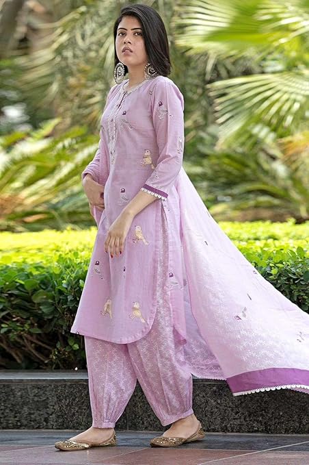 Women's Cotton Embroidered Straight Kurti with Pant and Dupatta Set
