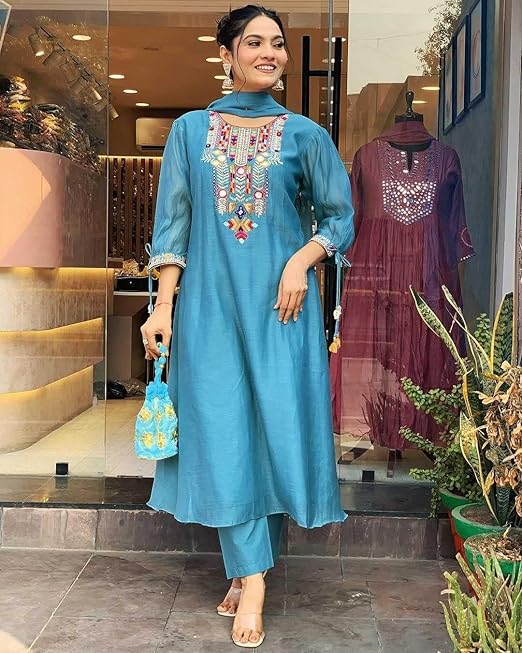 Women's Cotton Mirror Work Embroidered Straight Kurti with Pant and Dupatta Set