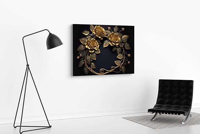 Golden Floral Wall Art Painting – Luxury 3D Canvas for Home & Living Room Décor
