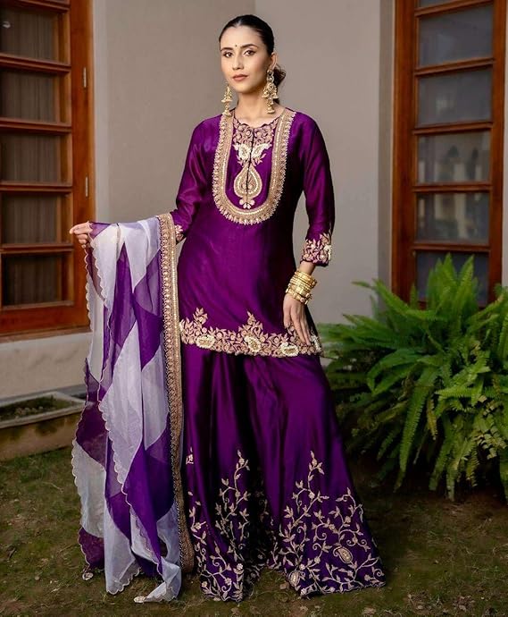 Women's Chinon Silk Sequence Embroidery Work Straight Kurti with Sharara Suit and Dupatta Set