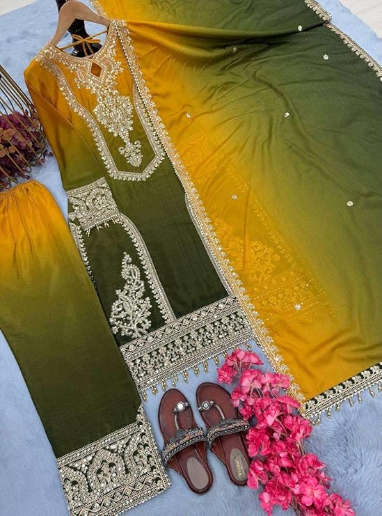 Women's Chinon Silk Embroidery Straight Kashmiri Salwar Suit with Dupatta | Elegant Ethnic Wear