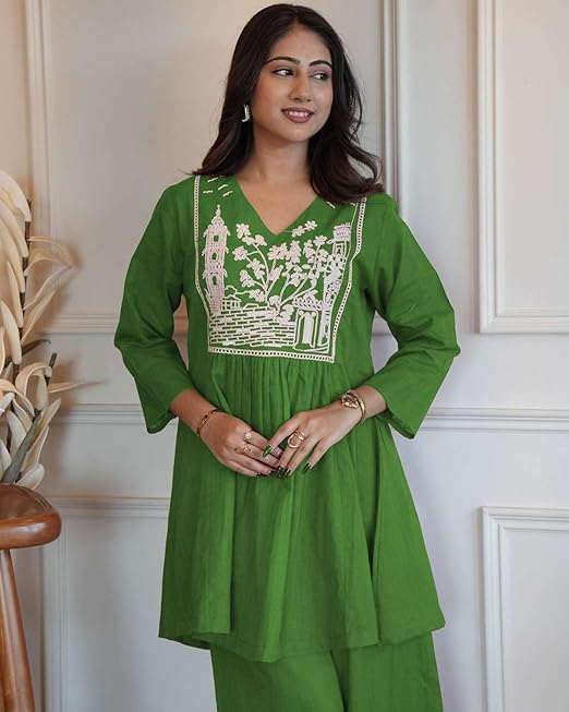 Women's Cotton Embroidered Short Anarkali Kurti with Pant