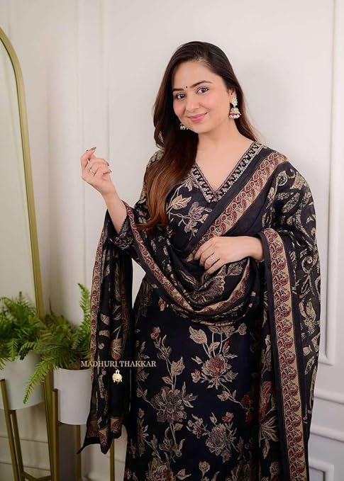 Prakirtee creation Women's Cotton Floral Printed Straight Kurti With Afghani Style Pant and Dupatta Set (Black)