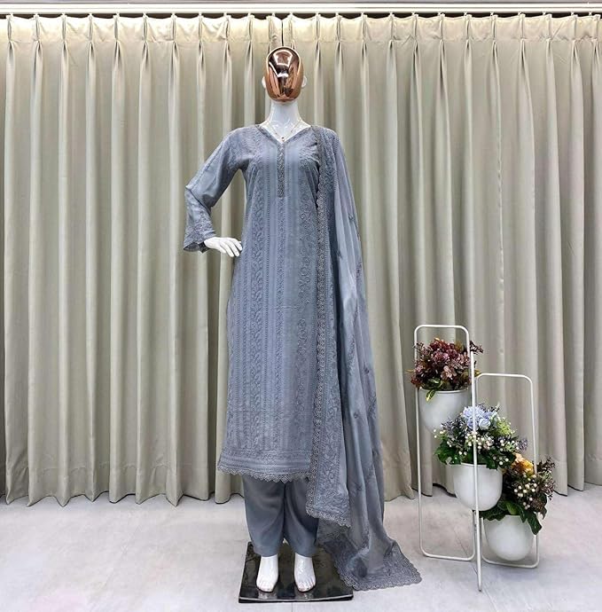 Women's Chinon Silk Embroidered Straight Kurti Set with Pant & Dupatta | Elegant Ethnic Wear