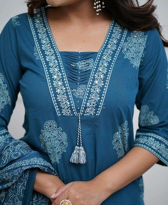 Women's Cotton Printed Straight Kurti with Pant and Dupatta Set