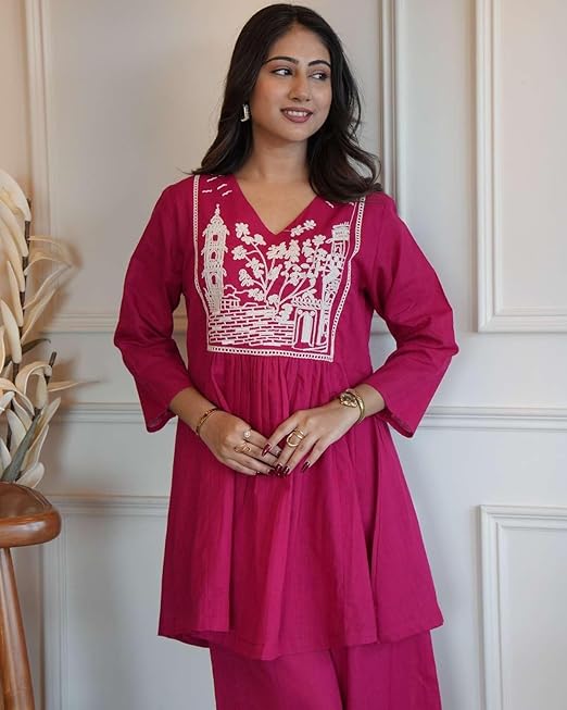 Women's Cotton Embroidered Short Anarkali Kurti with Pant