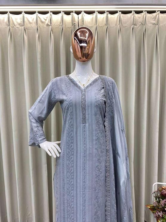 Women's Chinon Silk Embroidered Straight Kurti Set with Pant & Dupatta | Elegant Ethnic Wear