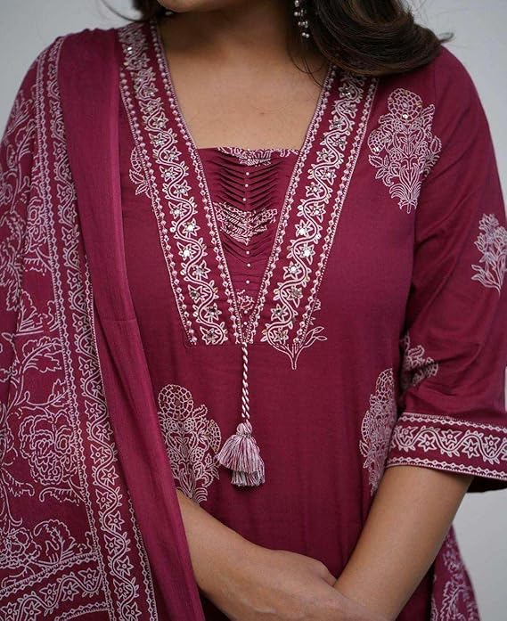 Women's Cotton Printed Straight Kurti with Pant and Dupatta Set