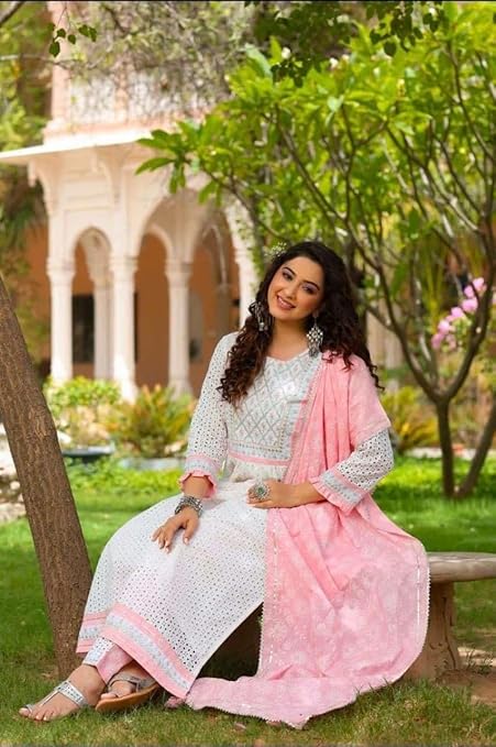 Women's Cotton Embroidered Nayra Cut Kurti with Pant and Dupatta Set