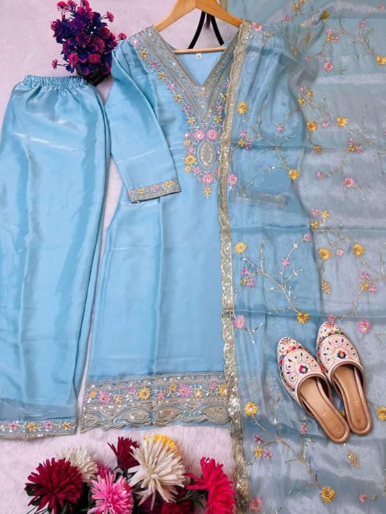Women's Chinon Silk Embroidered Straight Salwar Suit with Dupatta | Elegant Festive Wear