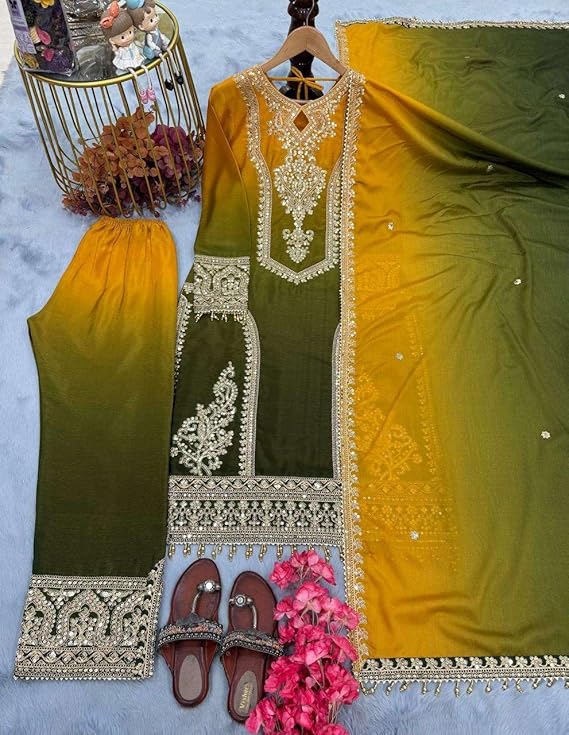 Women's Chinon Silk Embroidery Straight Kashmiri Salwar Suit with Dupatta | Elegant Ethnic Wear