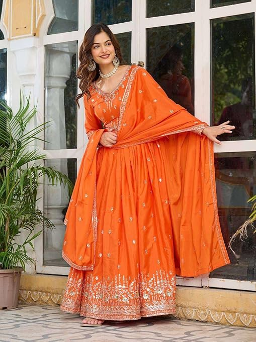 Women's American Silk Sequence Embroidery Long Anarkali Kurti (Gown) with Dupatta