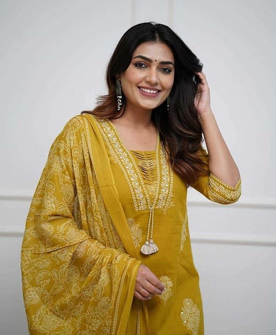 Women's Cotton Printed Straight Kurti with Pant and Dupatta Set