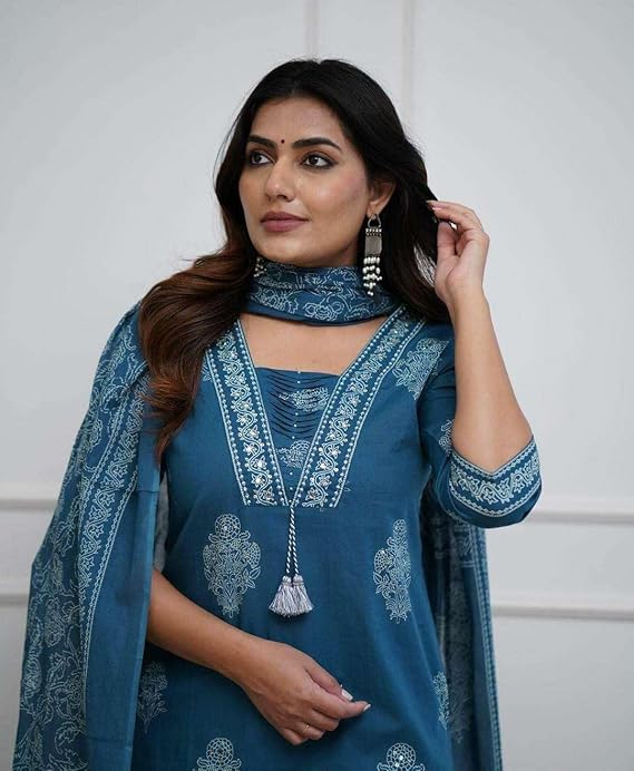 Women's Cotton Printed Straight Kurti with Pant and Dupatta Set