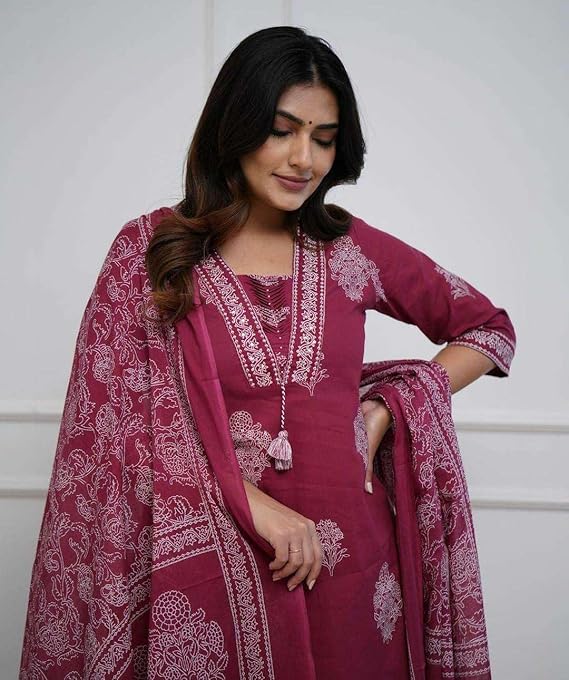 Women's Cotton Printed Straight Kurti with Pant and Dupatta Set