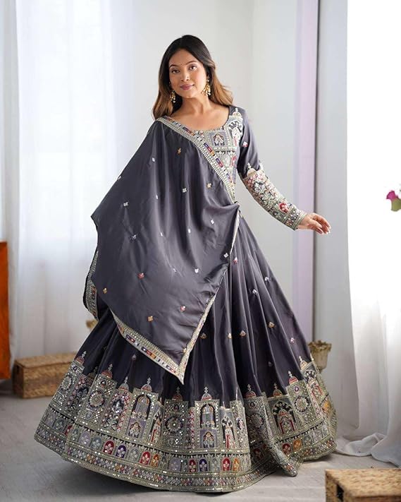 Teal Mirror Work Embroidered Lehenga Choli with Dupatta for Women | Festive & Wedding Wear