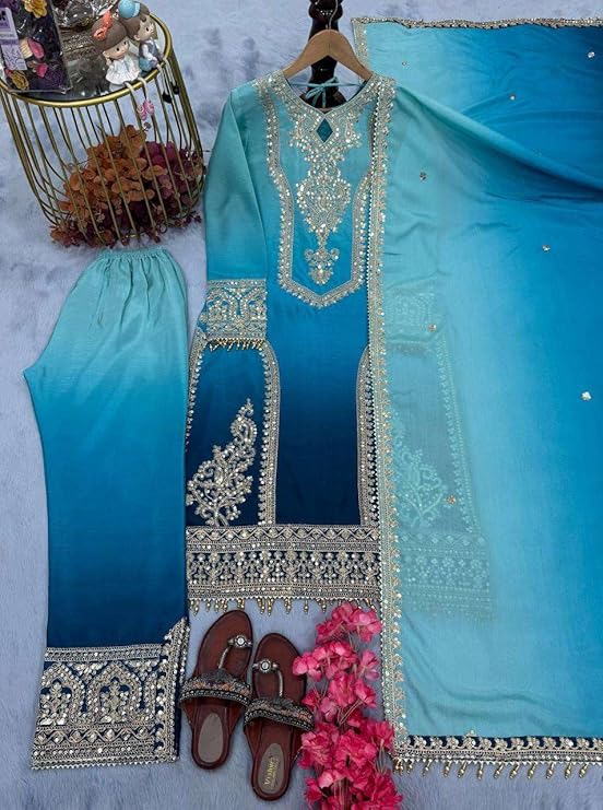 Women's Chinon Silk Embroidery Straight Kashmiri Salwar Suit with Dupatta | Elegant Ethnic Wear
