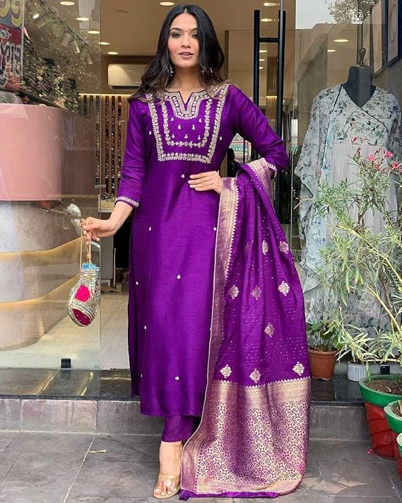 Women's Silk Embroidered Straight Kurta Set with Banarasi Dupatta | Festive & Wedding Wear