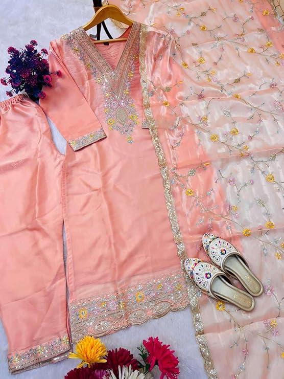 Women's Chinon Silk Embroidered Straight Salwar Suit with Dupatta | Elegant Festive Wear