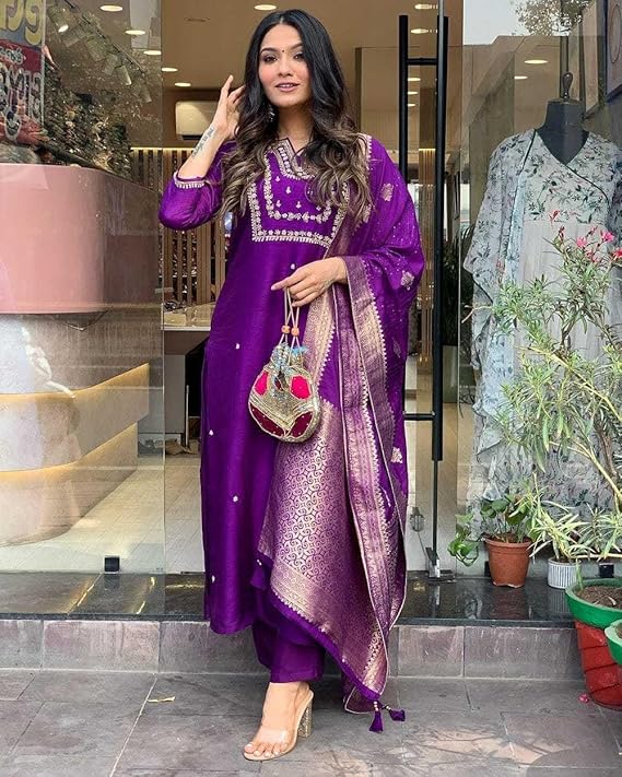 Women's Silk Embroidered Straight Kurta Set with Banarasi Dupatta | Festive & Wedding Wear