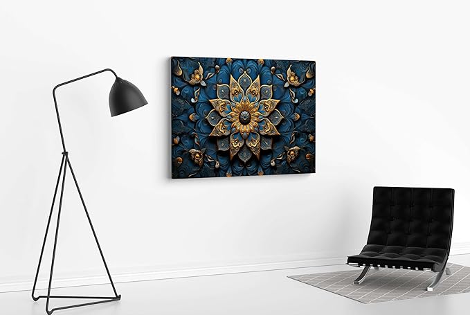 Golden Blue Mandala Wall Art – Luxury Abstract Canvas Painting for Living Room, Bedroom & Office Décor (22 inch x 16 inch CH-MP-LDP2)
