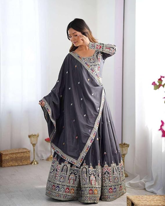 Teal Mirror Work Embroidered Lehenga Choli with Dupatta for Women | Festive & Wedding Wear