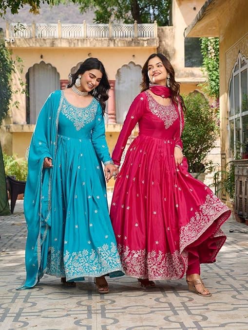 Women's American Silk Sequence Embroidery Long Anarkali Kurti (Gown) with Dupatta