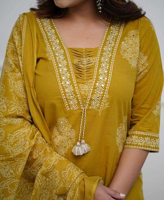 Women's Cotton Printed Straight Kurti with Pant and Dupatta Set