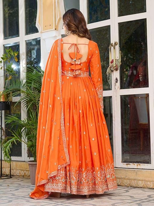 Women's American Silk Sequence Embroidery Long Anarkali Kurti (Gown) with Dupatta