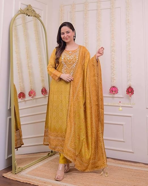 Women's Silk Embroidered Straight Kurti with Pant and Dupatta Set