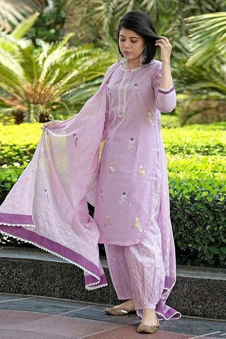 Women's Cotton Embroidered Straight Kurti with Pant and Dupatta Set
