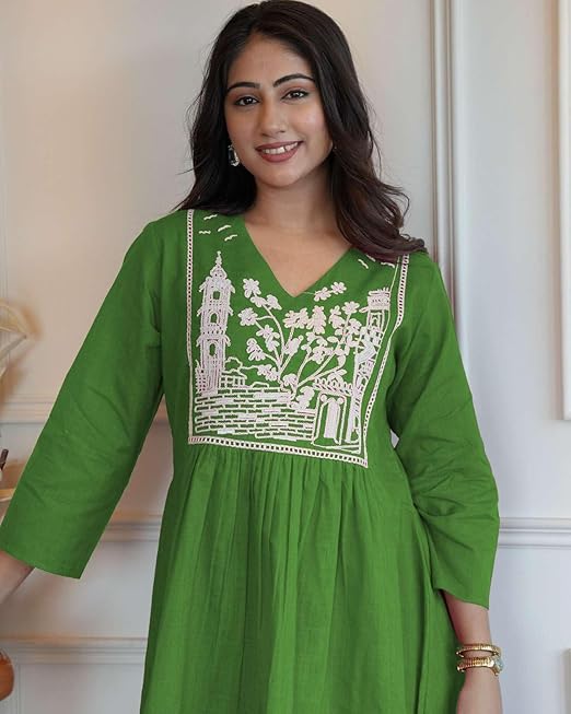 Women's Cotton Embroidered Short Anarkali Kurti with Pant