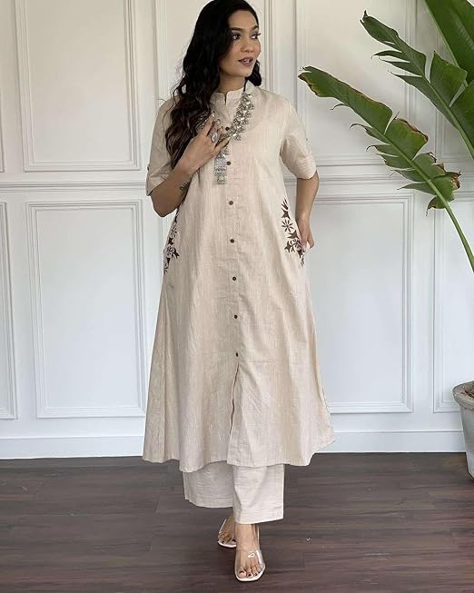 Women's Cotton Embroidered A-Line Kurti with Pant
