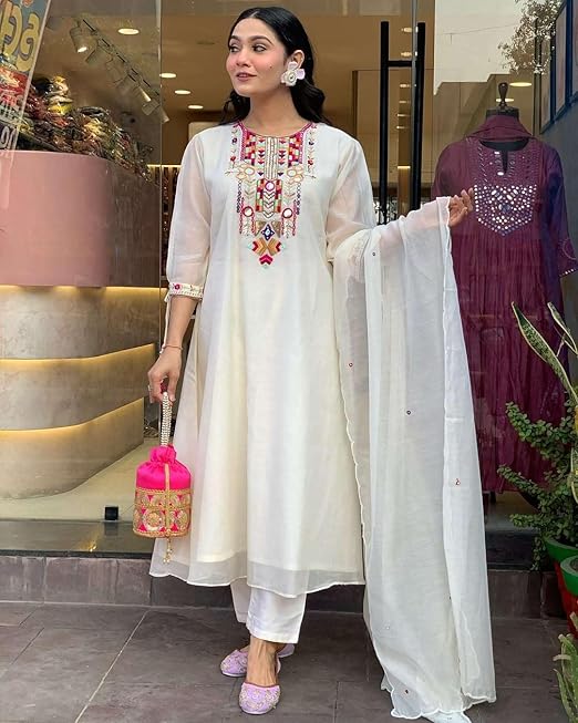 Women's Cotton Mirror Work Embroidered Straight Kurti with Pant and Dupatta Set