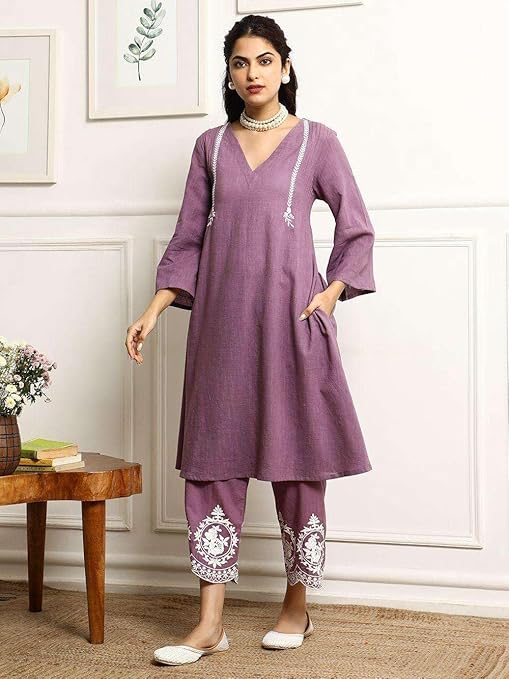 Women's Cotton Embroidered Straight Kurta & Pant with Dupatta Set (Purple)