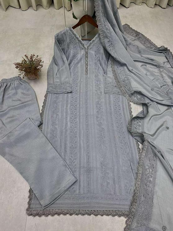 Women's Chinon Silk Embroidered Straight Kurti Set with Pant & Dupatta | Elegant Ethnic Wear
