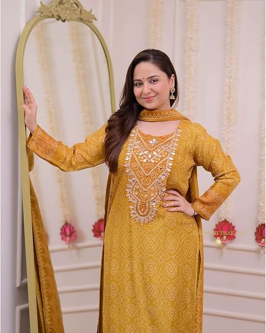 Women's Silk Embroidered Straight Kurti with Pant and Dupatta Set