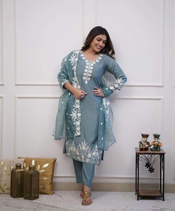 Women's Cotton Floral Embroidery Straight Kurti with Pant and Dupatta Set