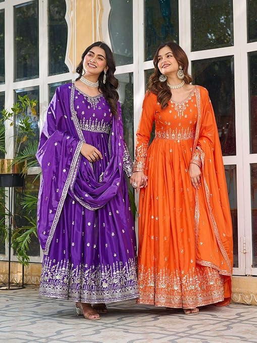 Women's American Silk Sequence Embroidery Long Anarkali Kurti (Gown) with Dupatta